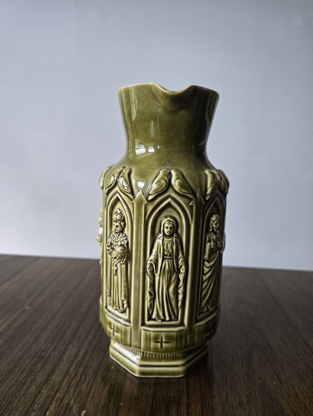 Vintage Green Ceramic Pitcher Catholic Relic